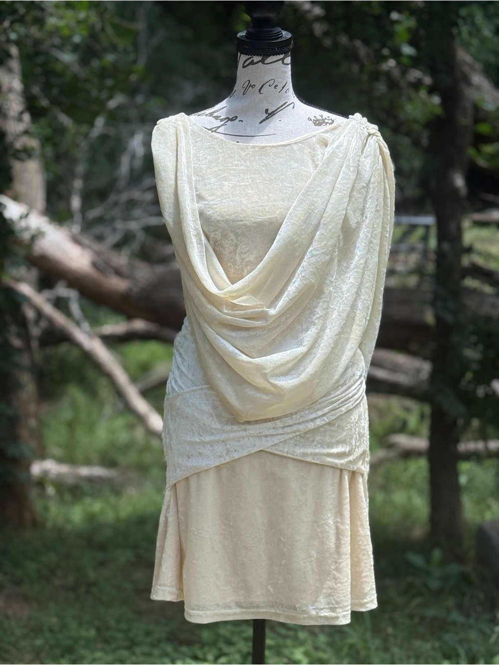 SABO Cream Crushed Velvet Draped Cowl Neck Mini Dress Size M NWT